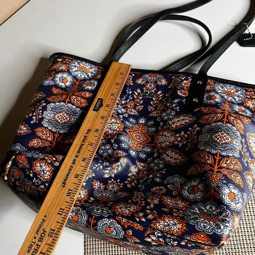 Coach Kaleidoscope Floral Print Zip Top Tote Navy Crossgrain Leather F11823